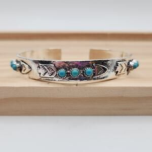 Southwestern Style Cuff Bracelet Silver Tone Blue Faux Stone New